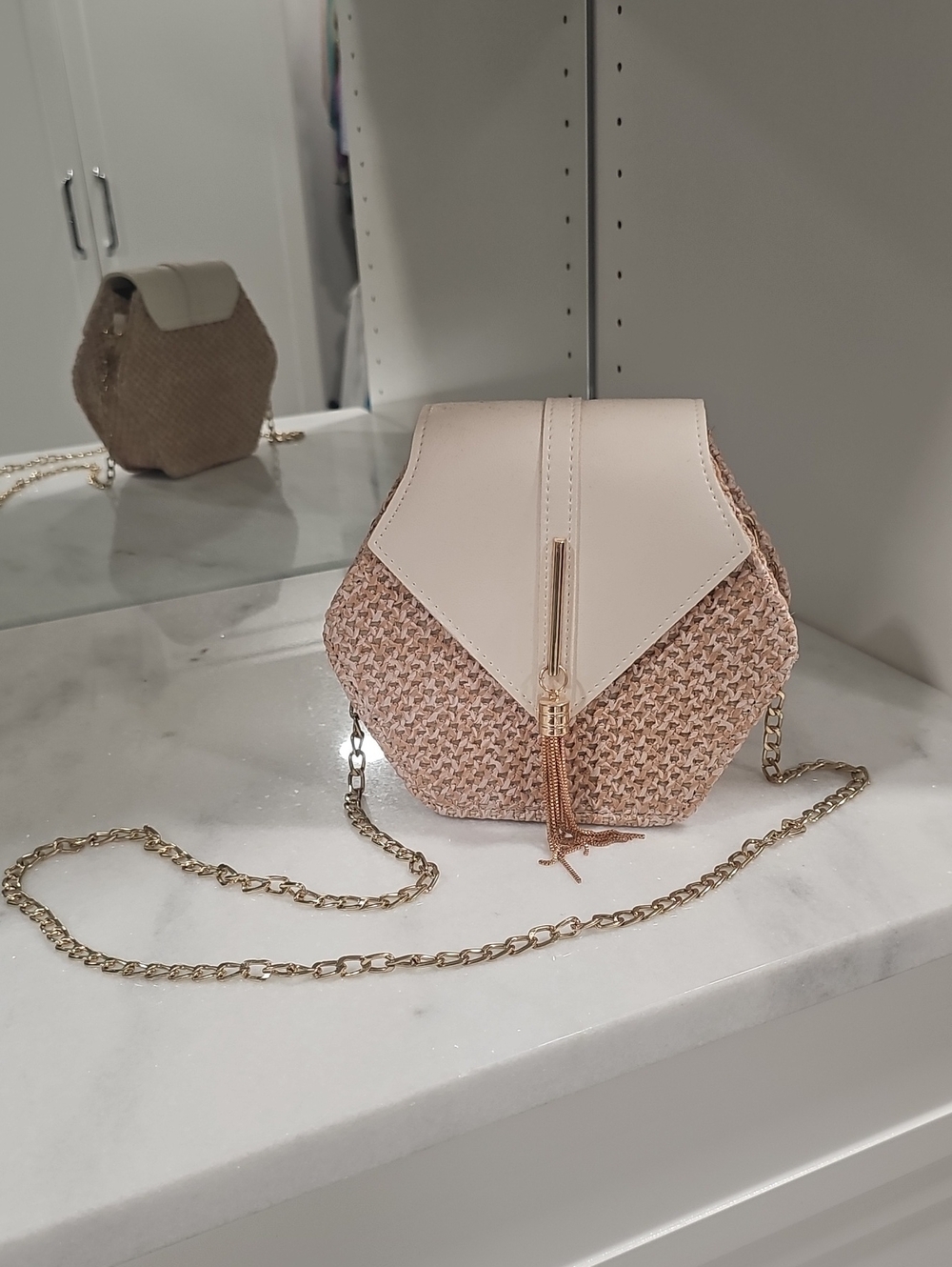 Beige Woven Hexagon Crossbody Bag with Tassel